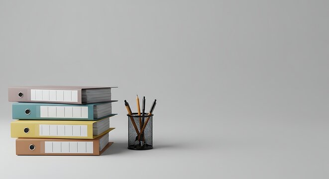 Minimalist office scene with a tidy stack of file folders and stationery, symbolizing efficient workflow and corporate data archiving