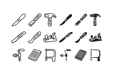 Carpentry tools outline art and solid icons set. Woodworking hand tool line and silhouette symbol collection. Hammer, Saw, Drill, Plane, Chisel, Craftsman, Constructor, Carpenter. Vector Illustration