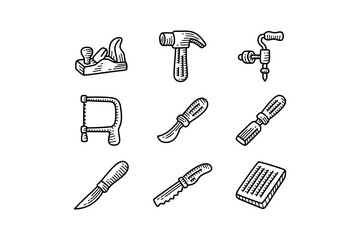 Woodworking tools hand drawn design set. Carpentry equipment engraving icons collection. Craftsman tool hatching element designs pack. Saw, Hammer, Chisel, Plane, Drill, Knife. Vector Illustration