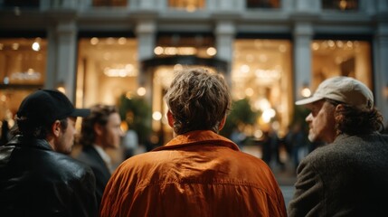 Obraz premium Group of four friends, casually dressed, enjoying an evening out, standing together in front of a stylish store, illuminated by warm lights, creating a vibrant social atmosphere