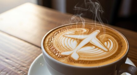 Steaming hot coffee cup with creative airplane latte art on a rustic wooden table.