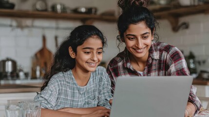 happy young indian parent mother helping teenage child daughter remote learning online virtual class on laptop together at home teen school kid girl studying in kitchen with mum sit at kitchen table 