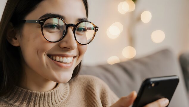 Relaxed Woman Wearing Sweater Holding Mobile Phone
