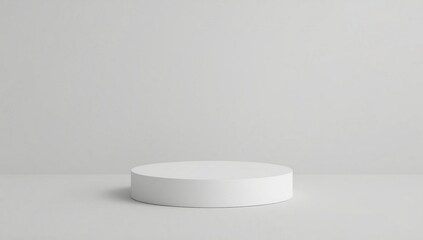 A round white podium on a seamless white background, soft studio lighting, subtle shadows, minimal and modern product showcase, high-quality 3D render.