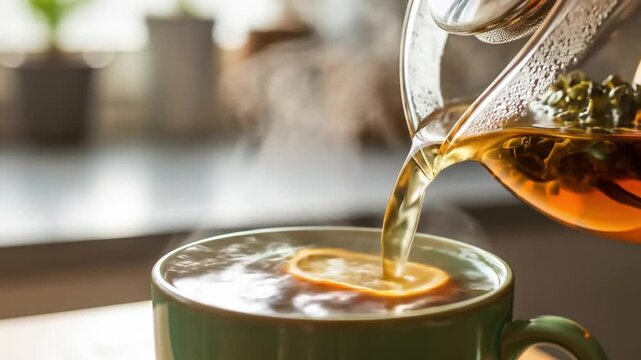 Hot tea being poured from a glass teapot into a green mug with lemon.