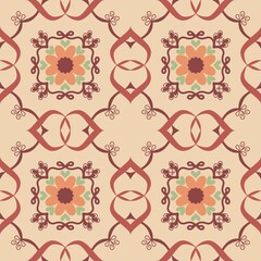 Seamless Vintage Floral Tile Pattern in Beige Red and Green – Vector Decorative Design for Wallpaper, Fabric, Scrapbooking, Wrapping Paper, and Digital Backgrounds