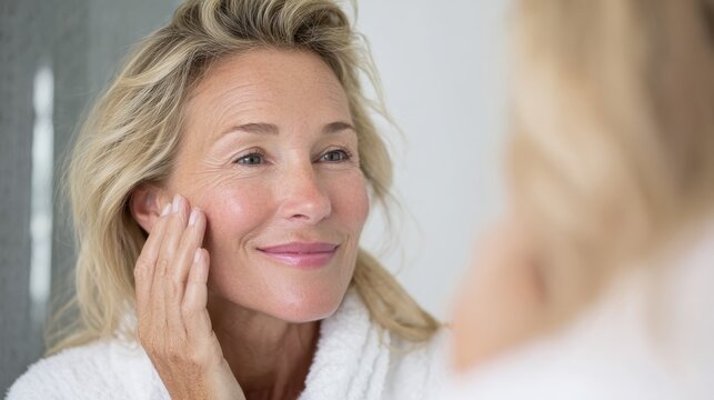 happy 50s middle aged woman model touching face skin looking in mirror smiling mature older lady pampering enjoying healthy skin care aging beauty skincare treatment cosmetic products concept no logo