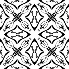 Seamless Black and White Geometric Floral Tile Pattern – Vector Decorative Design for Wallpaper, Fabric, Scrapbooking, Wrapping Paper, and Digital Backgrounds