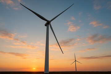 Two wind turbines stand tall against a vibrant sunset, generating clean and renewable energy in a vast, open field, showcasing sustainable technology