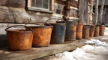 Traditional brown maple syrup collection buckets