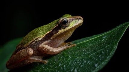 Obraz premium Tree frog on tropical leaf at night
