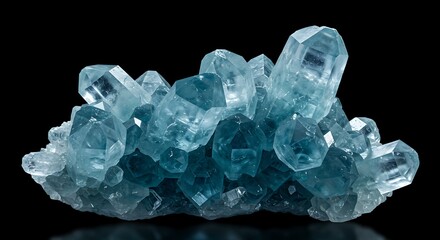 Close-up of a Cluster of Aquamarine Crystals Against a Black Background