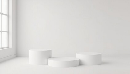 Empty clean studio room with five realistic white 3D cylindrical podium pedestals arranged for product display, minimal scene for cosmetic mockup, soft studio lighting, seamless background, geometric 