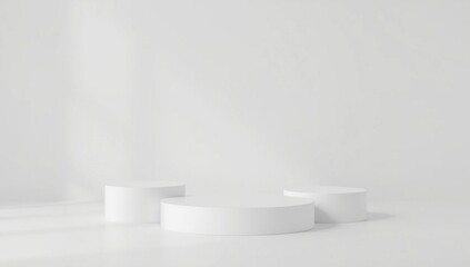 Empty clean studio room with five realistic white 3D cylindrical podium pedestals arranged for product display, minimal scene for cosmetic mockup, soft studio lighting, seamless background, geometric 