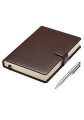 Isolated Brown Leather Notebook With Silver Pen Photo on Transparent Background