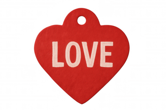 Heart-shaped red label featuring embroidered love text, floating against transparent backdrop