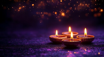 Four lit diyas on a sparkling purple surface with bokeh and fireworks oil lamp candle