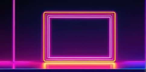 Neon Rectangular Frame Glowing on Dark Purple Background