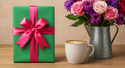 A green gift box with a pink satin ribbon bow, alongside a bouquet of mixed flowers and a latte in a cream mug, sits on a light brown wooden table.