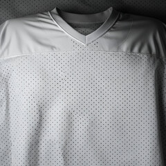 White perforated football jersey displayed in a studio setting. Blank, unbranded garment displayed as an example for printing/design.