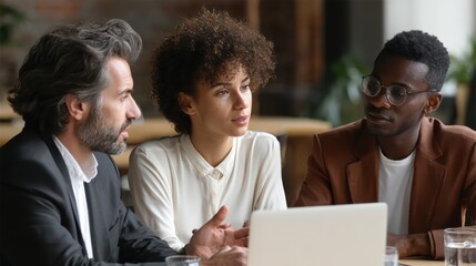 businessman indian executive manager ceo talking to female african american coworker using laptop diverse multicultural professional partners group discussing business plan at board room meeting no l