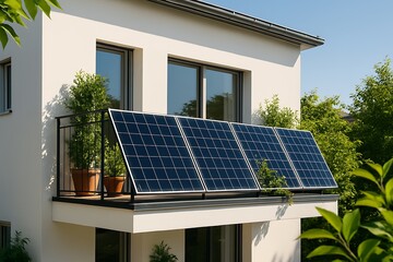 Solar panels installed on a balcony of a modern house, showcasing urban renewable energy solutions and sustainable living in residential areas