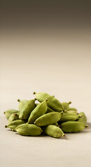Pile Of Green Cardamom Pods On Neutral Background Photo Closeup