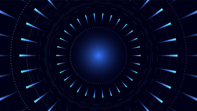 Abstract circle futuristic background with gradient neon curve. Zoom and fast motion in cyberspace for high tech time machine in sci fi innovation, title copy space frame. Digital cyber big data tech.
