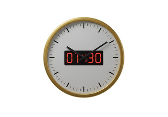 Isolated Digital Clock Displaying 0130 Time With Gold Rim and White Dial on Black Background