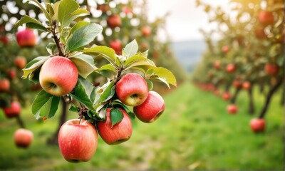 Obraz premium Ripe Red Apples on Tree Branch in Sunny Orchard
