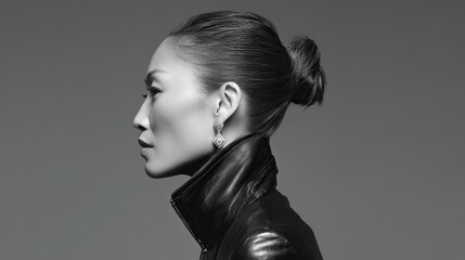 Black and white portrait of a woman with hair tied in a low bun, wearing sparkling diamond earrings and a sleek black leather jacket for a stylish, timeless look.