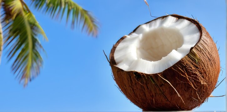 Ripe Brown Coconut Halved Against a Blue Sky and Palm Tree