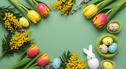 Easter floral arrangement with colorful tulips, mimosa, and speckled eggs in decorative nests. A white Easter bunny sits amongst the spring flowers on a vibrant green background.