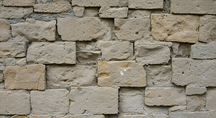 Stone wall texture with irregular beige/gray blocks in a masonry construction. Close-up view of the stonework pattern. Architectural element for background/design use.