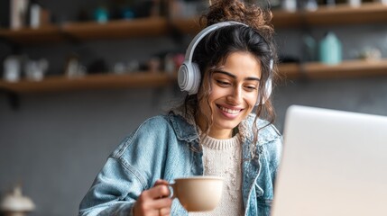 young adult happy smiling hispanic indian student wearing headphones talking on online chat meeting using laptop in university campus or at virtual office college female student learning remotely no 