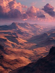 Obraz premium vast desert valley at dusk with last light reflecting on the clouds