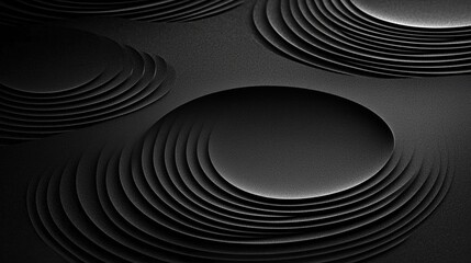 A black and white abstract design featuring concentric circles and lines.