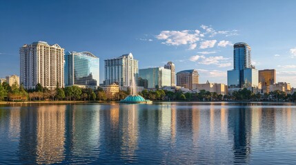Fototapeta premium orlando florida usa downtown city skyline on eola lake no logos no brands ar 169