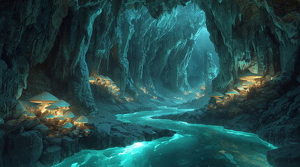 A magical underground cavern glowing with mushrooms and rivers