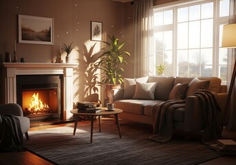 Fototapeta premium Cozy living room with fireplace and sunlight