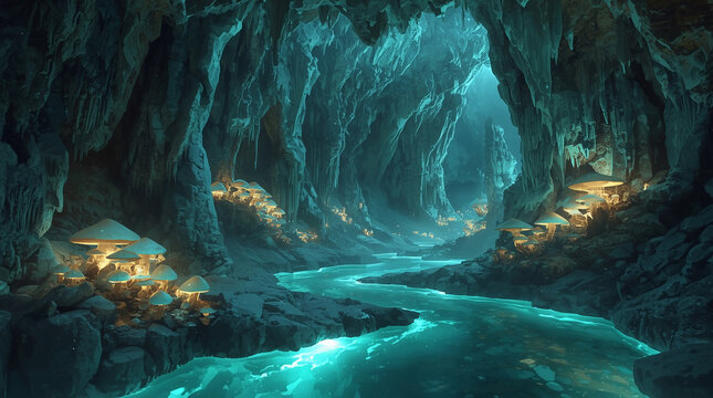 A magical underground cavern glowing with mushrooms and rivers