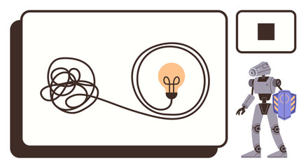 Tangle transforming into light bulb, a robot holding cube, conveying creativity, problem-solving, innovation, artificial intelligence, teamwork, automation efficiency learning. Ideal