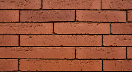Red brick wall texture with visible mortar lines. Close-up view of a brick wall with subtle cracks and variations in color throughout the surface.