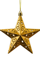 Isolated Golden Star Christmas Ornament Hanging Against Black Background