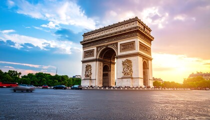 The Arc de Triomphe in Paris at sunset, showcasing the grandeur of this iconic monument against a vibrant sky.