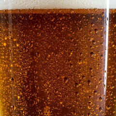 Close-up of a glass of amber beer filled with condensation droplets. Detailed view of the liquid with water droplets on the surface.