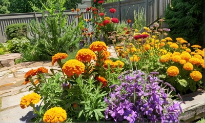 Obraz premium Sunlit Garden with Orange and Purple Flowers