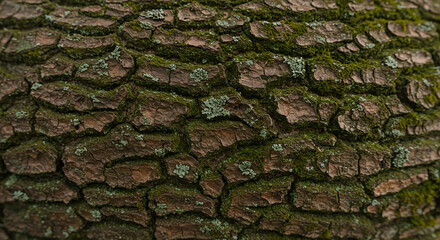 Close-up of aged tree bark with moss and lichen showing textures and patterns. Detailed surface of weathered tree bark, close up for natural background use.