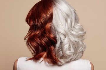 Fototapeta premium A woman's back view displays vibrant, wavy hair, highlighted by a striking split-tone color treatment of red and white.