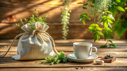 Herbal tea in a cup with a burlap sack and fresh herbs